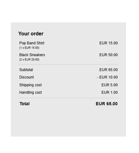 Order summary showing two items, EUR 65.00 subtotal, EUR 10.00 discount, EUR 5.00 shipping, EUR 1.00 handling, and EUR 65.00 total.