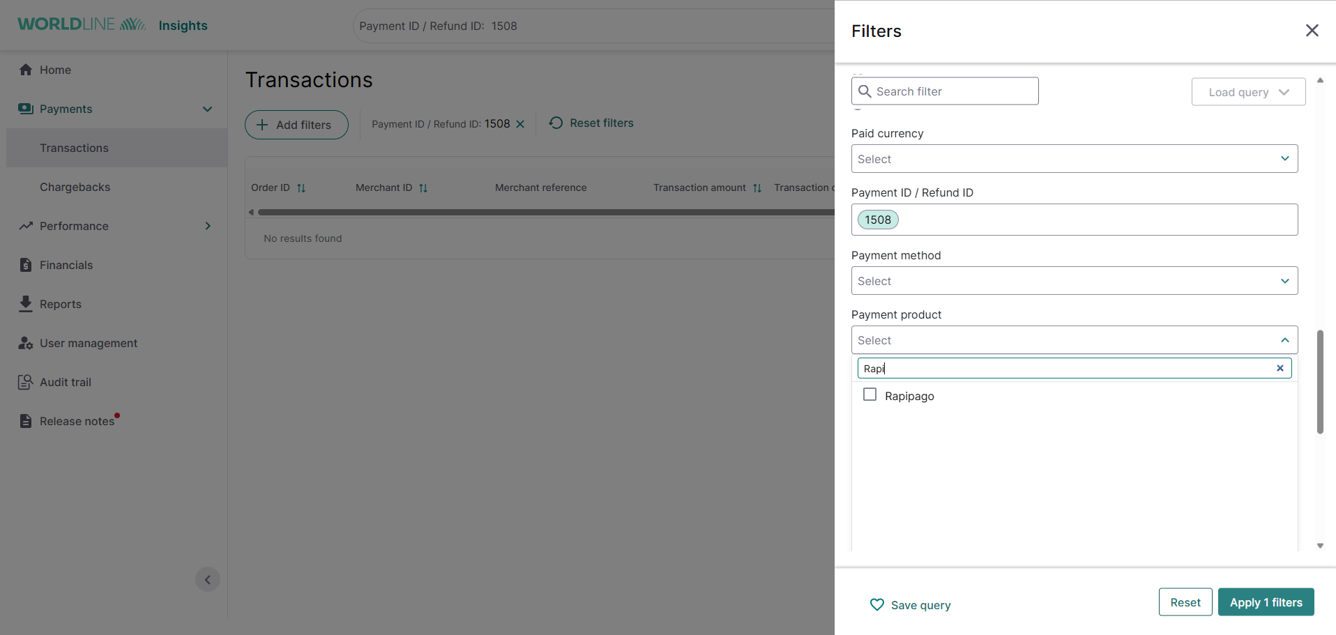 Worldline Insights Transactions page with Filters panel open, showing 'Rapi' searched in the Payment product dropdown with Rapipago option
