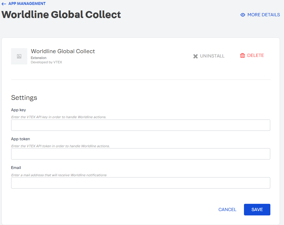 Worldline application showing the app key, app token, and email fields.