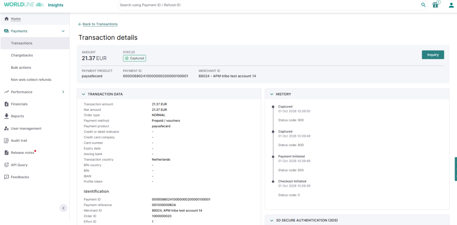 Worldline Insights transaction details for a 21.37 EUR paysafecard payment with Captured status, transaction data, history timeline, and Inquiry button highlighted
