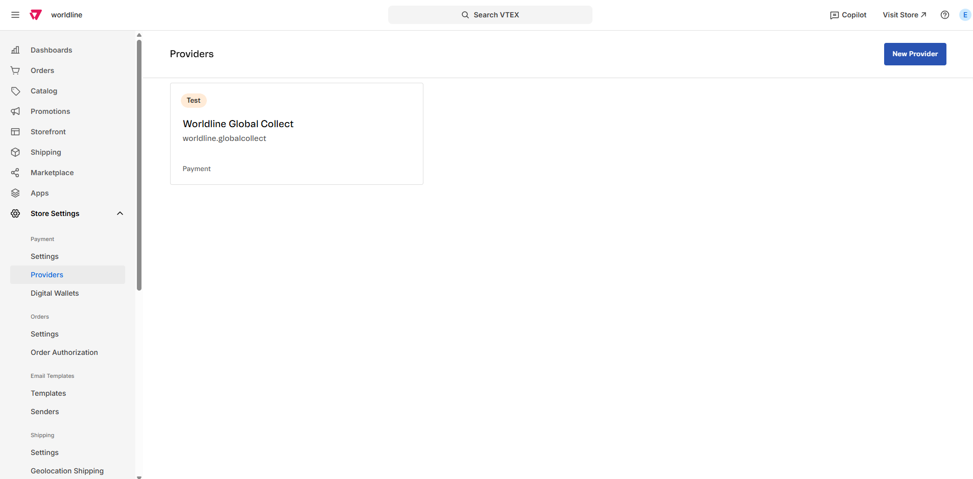 Showing the configured integration under VTEX Providers.