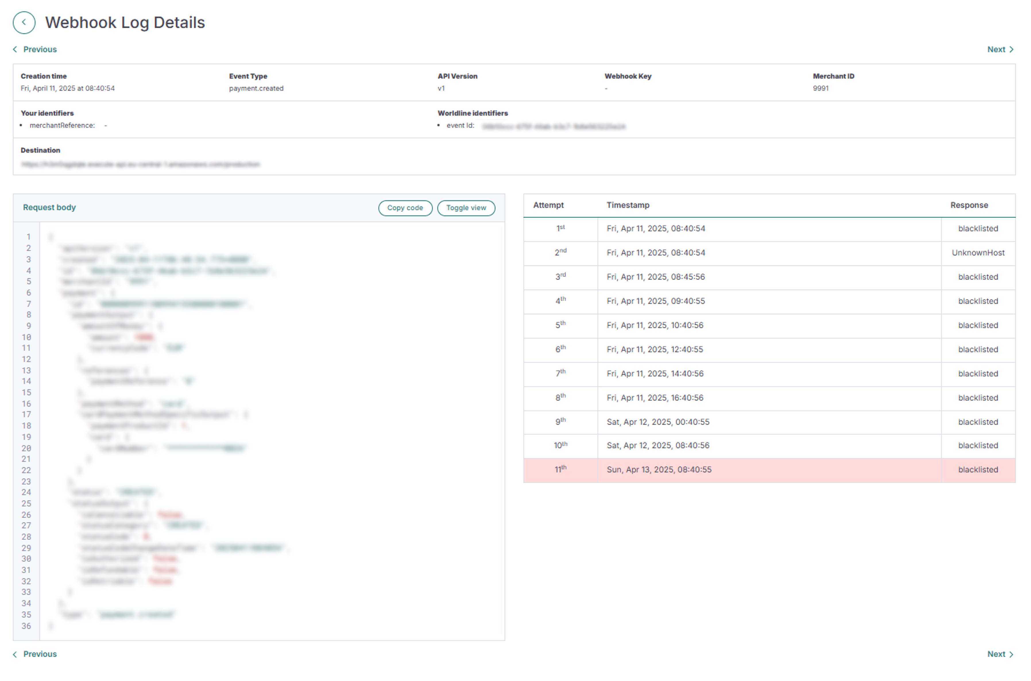 Webhook Log details page