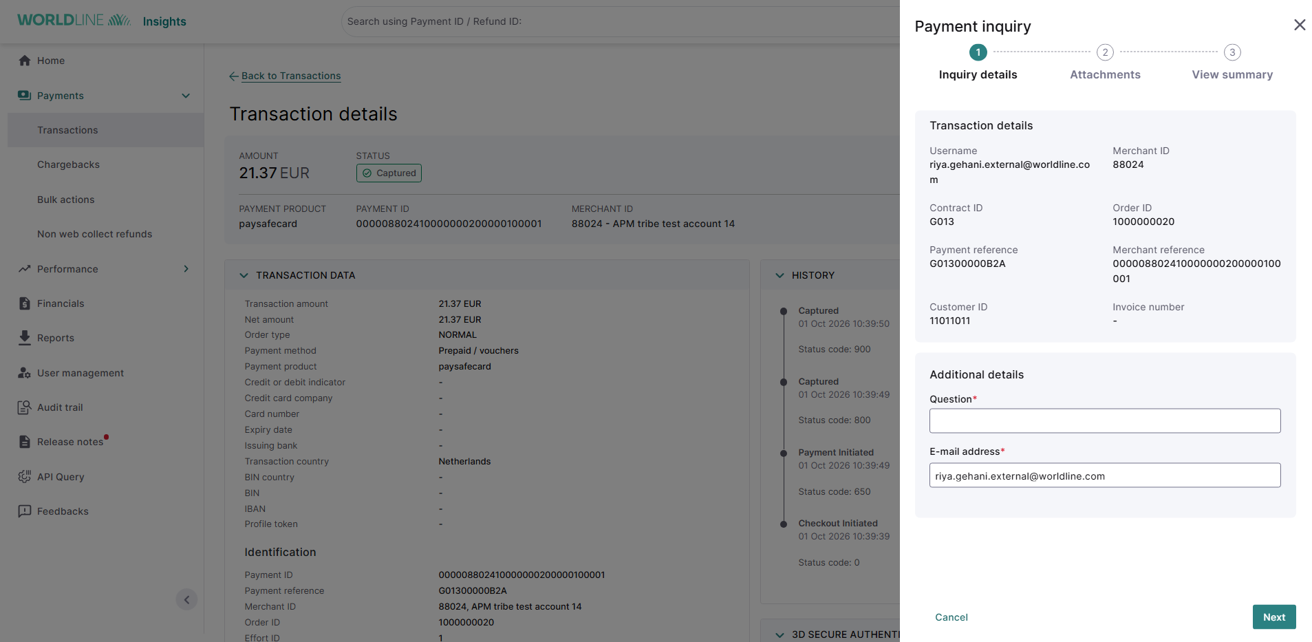 Worldline Insights transaction details page with Payment Inquiry modal open showing inquiry details, question field, and email address.
