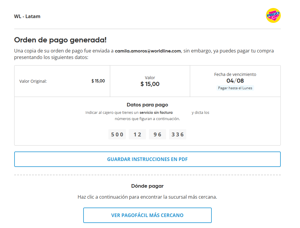 Pago F&aacute;cil generated payment order showing $15.00 amount, due date, payment reference numbers, and buttons to save PDF and find nearest store.