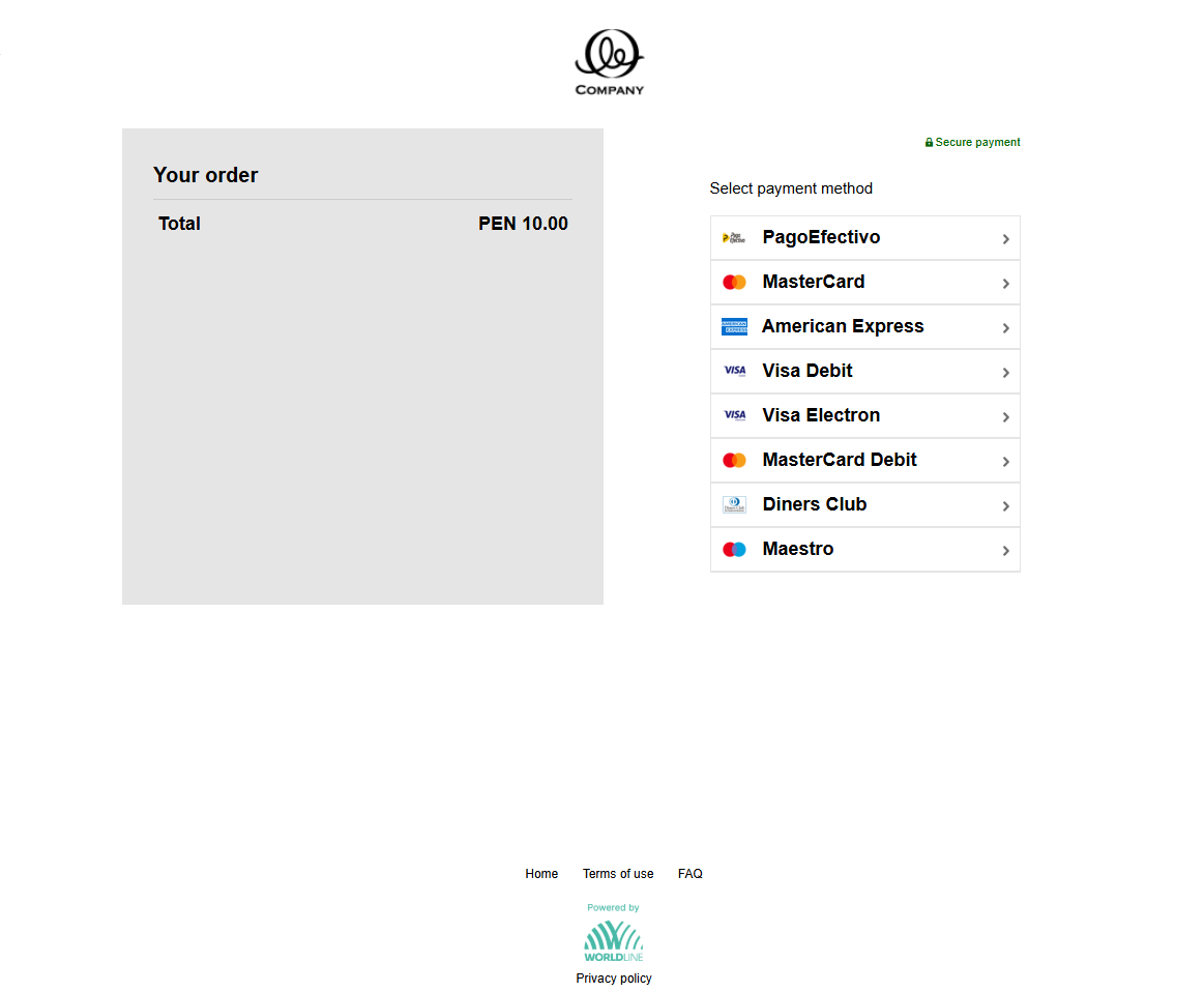 Checkout page showing PEN 10.00 order total and payment method list including PagoEfectivo, MasterCard, Amex, Visa Debit, Diners Club, and Maestro