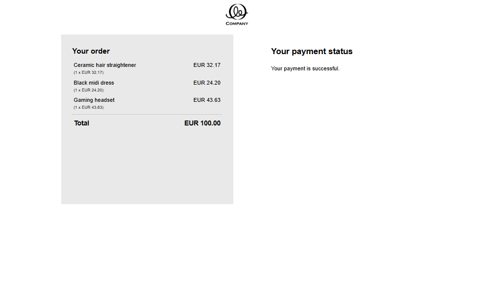 Payment status page showing EUR 100.00 order summary with three items and Your payment is successful confirmation message