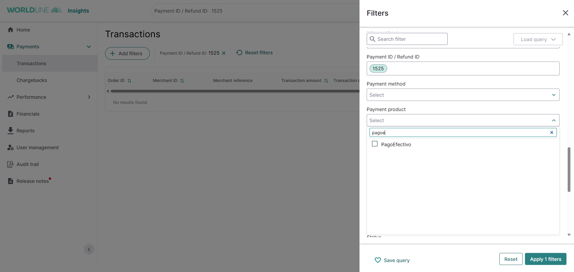 Worldline Insights Transactions page with Filters panel open, showing PagoEfectivo searched in the Payment product dropdown