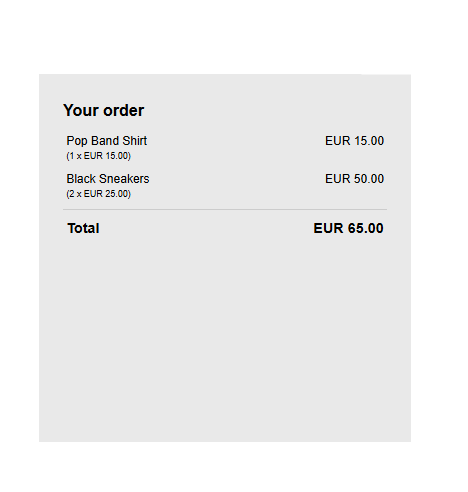 Order summary showing Pop Band Shirt for EUR 15.00, Black Sneakers for EUR 50.00, and EUR 65.00 total.