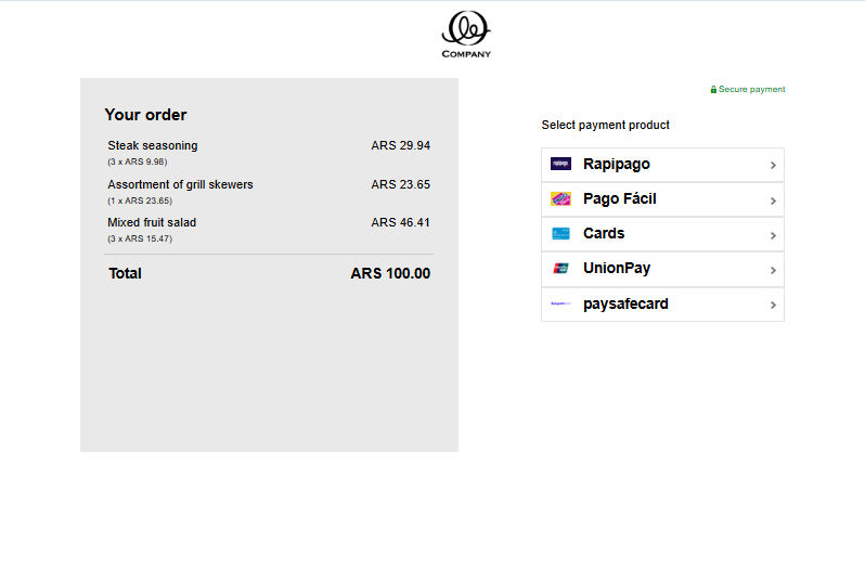 Checkout page showing ARS 100.00 order total and payment product list with Rapipago, Pago F&aacute;cil, Cards, UnionPay, and paysafecard.