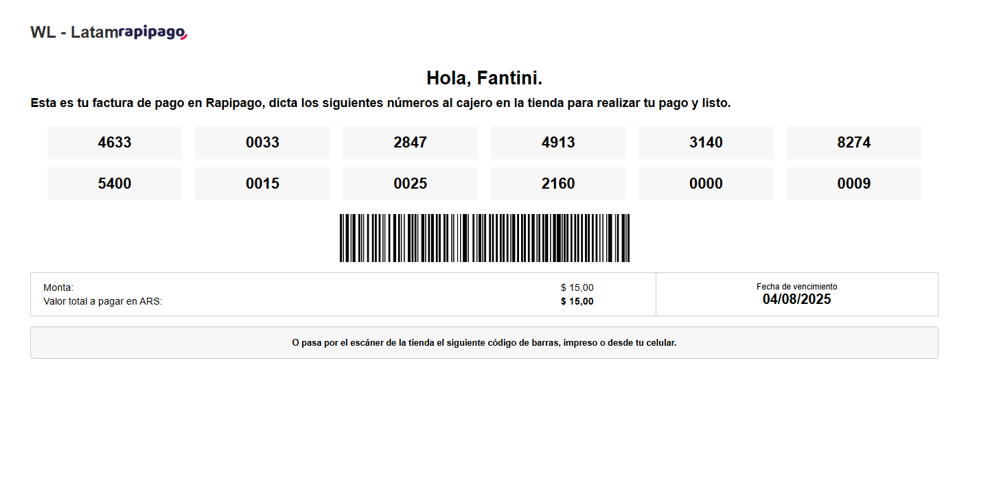 Rapipago generated payment slip showing $15.00 amount, due date, payment reference numbers, and barcode for in-store payment.