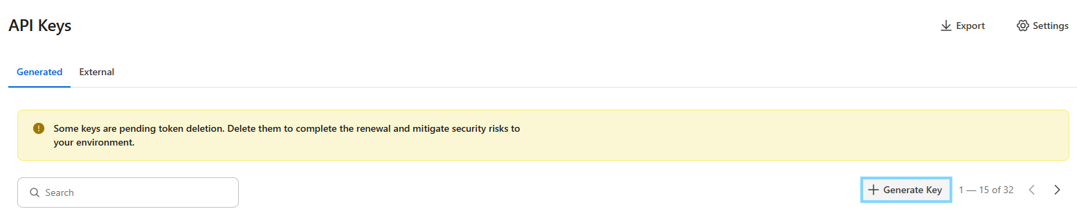 Preseting the API Keys with Generate Key button.
